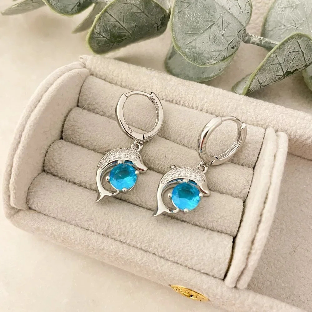 925 Sterling Silver Dolphin Earrings CZ Aquamarine Stone Dolphin Hoop Earrings - Picture 3 of 5
